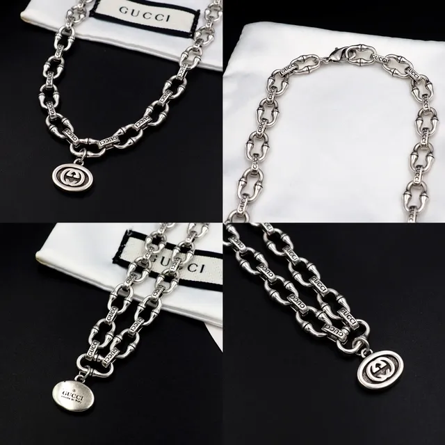 Gucci Ophidia Silver White Bamboo-Link Chain Engraved Branding Necklace