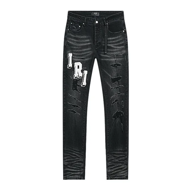 Distressed Graphic-Print Slim-Fit Washed Black Jeans