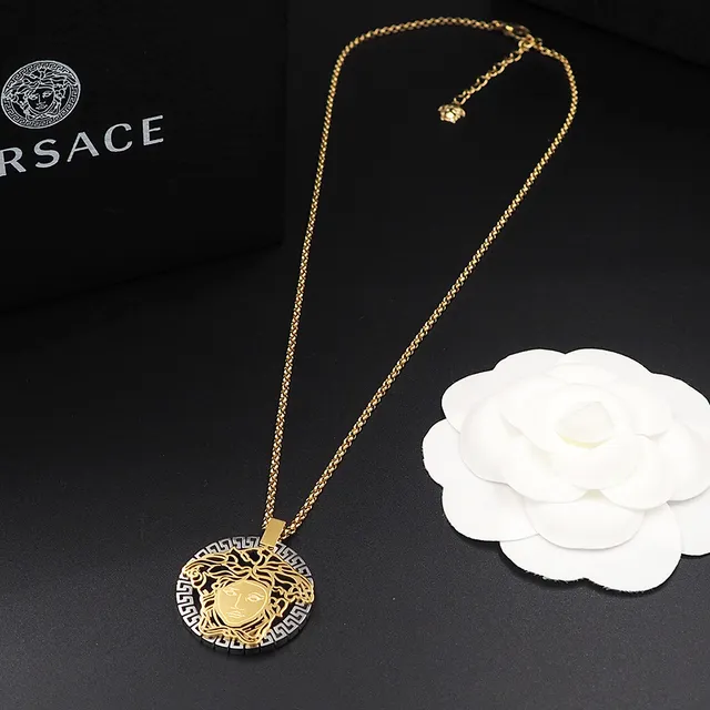 Versace Medusa Gold Silver Openwork Head Greek Key Border Necklace