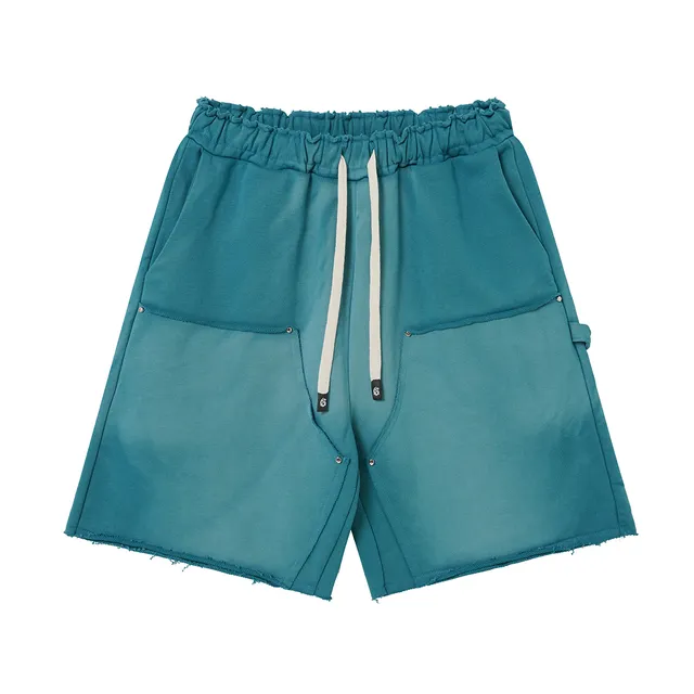 Purple Blue Elastic Waist Patch Pockets Shorts