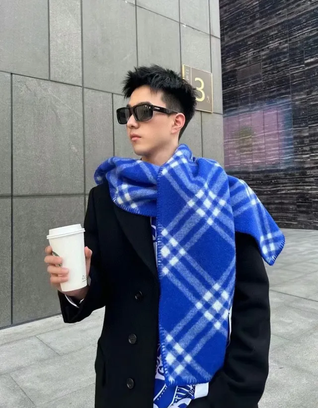 Burberry Blue and White Check Cashmere Scarf