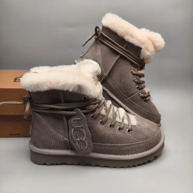 UGG Lace-Up Shearling-Lined Gray Suede Snow Boots