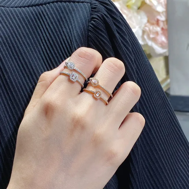 Double-Band Pavé-Set Teardrop and Emerald-Cut Stone Ring