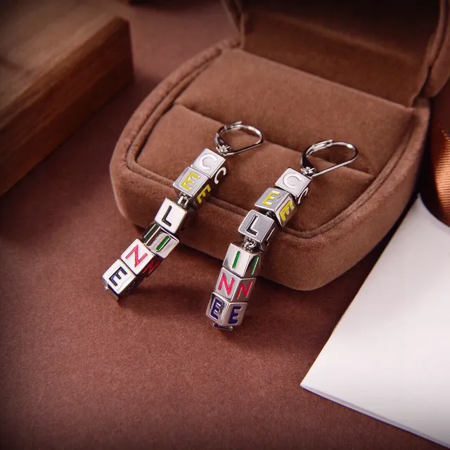 Celine Alphabet Cube Bead Gold Multicolor Lettering Lever-Back Hook Earrings