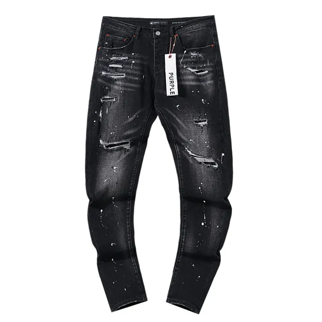Purple Brand Distressed Paint-Splattered Black Slim-Fit Jeans