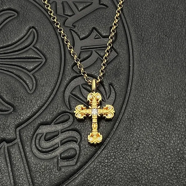 Chrome Hearts Ornate Gothic Cross Pavé Crystal Gold-Tone Necklace