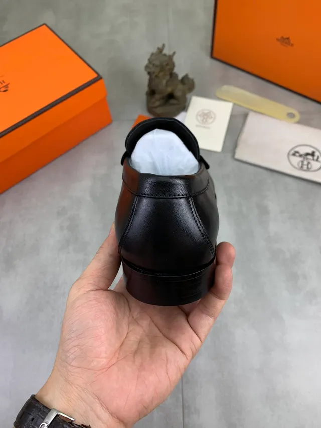 Hermès Oran Black Leather H-Buckle Loafers