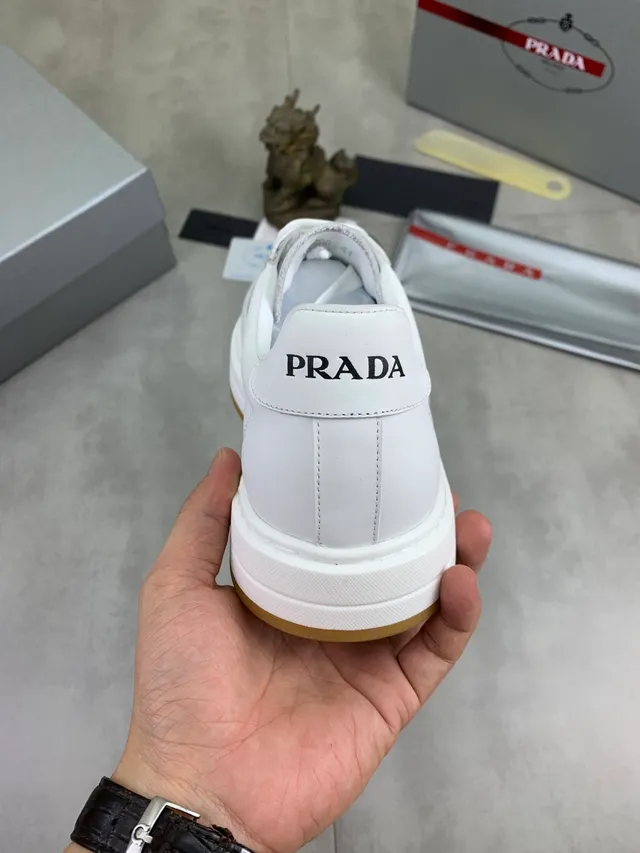 Prada White Beige Leather Triangular Metal Logo Plaque Lifestyle Sneakers
