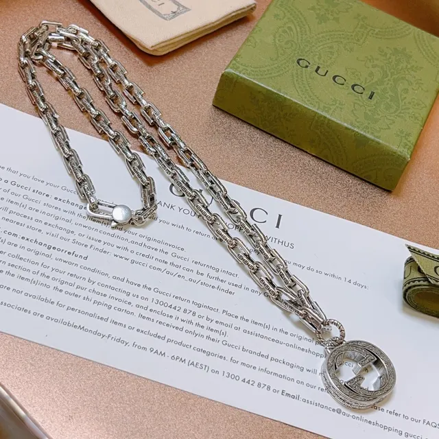 Gucci GG Marmont Silver Ornate Engraved Pendant Necklace