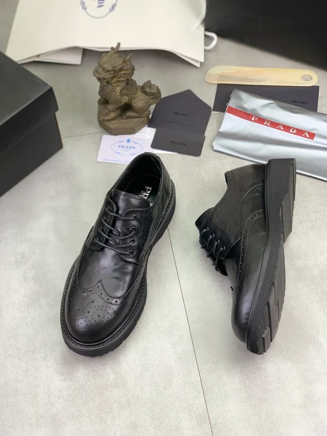 Prada Black Wingtip Perforated Detailing Brogue