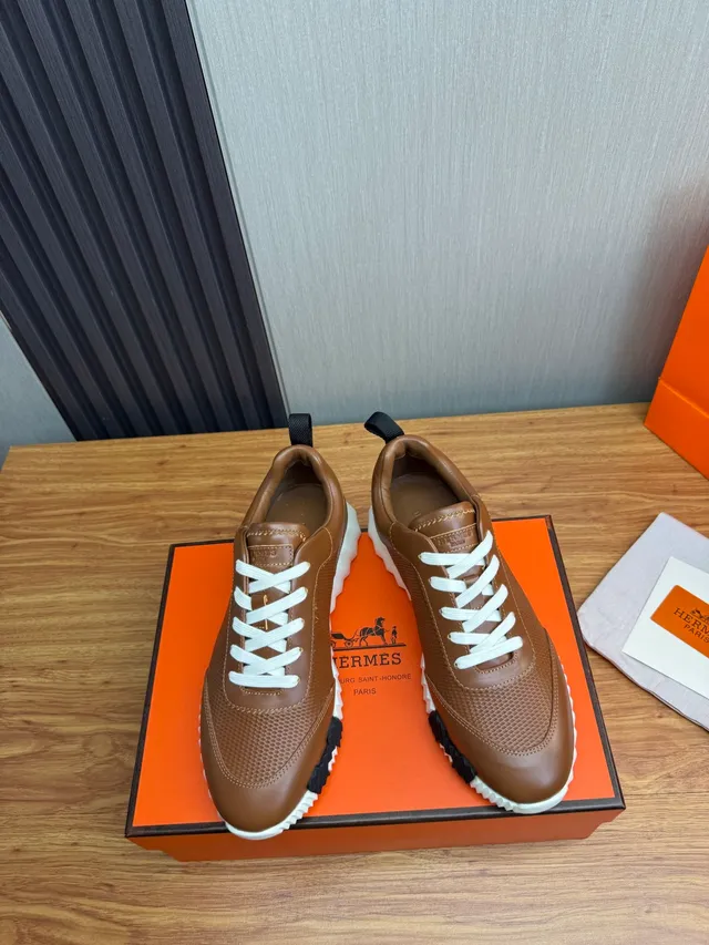 Hermès Brown White Perforated Leather Upper Sculpted Ridged Sole Lifestyle Sneakers