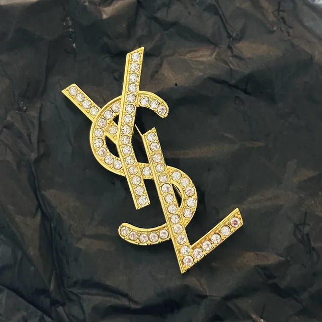 Saint Laurent YSL Monogram Crystal-Embellished Gold-Tone Brooch