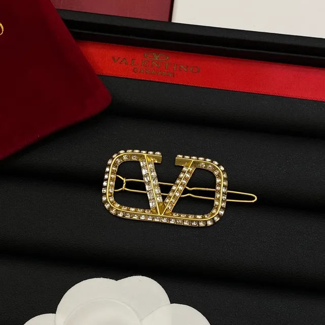 Valentino VLTN Silver Gold Crystal-Encrusted Logo Brooch