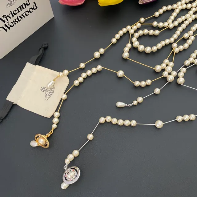 Vivienne Westwood Orb Pearl Necklace Beige Gold Multi-Strand Logo Clasp Necklace