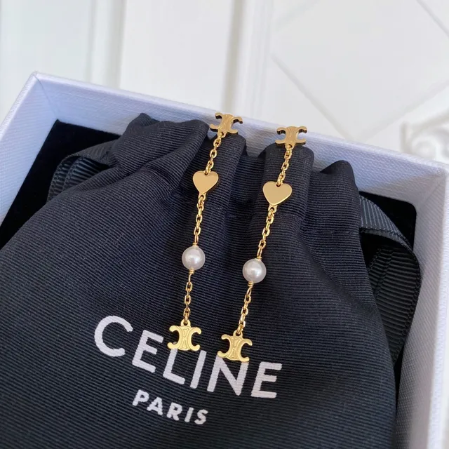 Celine Triomphe Heart and Pearl Chain Drop Earrings
