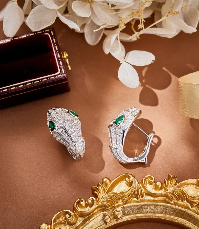 Bvlgari Serpenti Pavé Diamond and Emerald Snake-Head Earrings