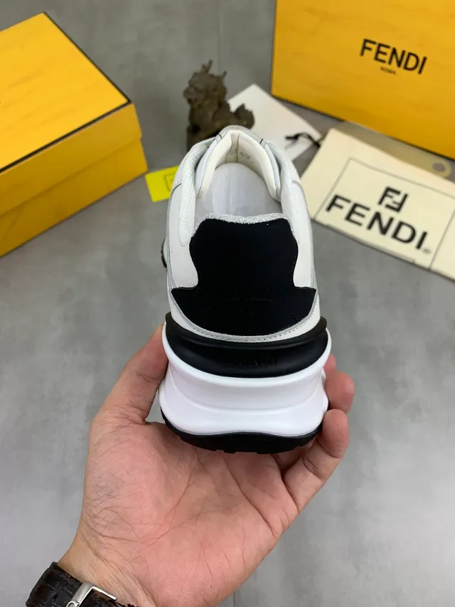 Fendi First White Black Perforated Leather Upper Contrast Trim Chunky Sneakers
