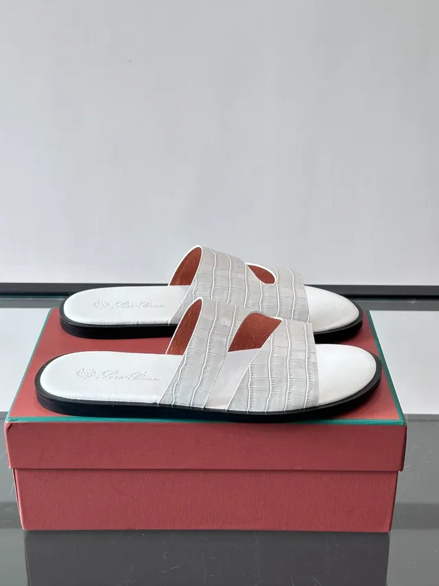 Loro Piana Croc-Embossed Two-Strap Slide Casual Sandals