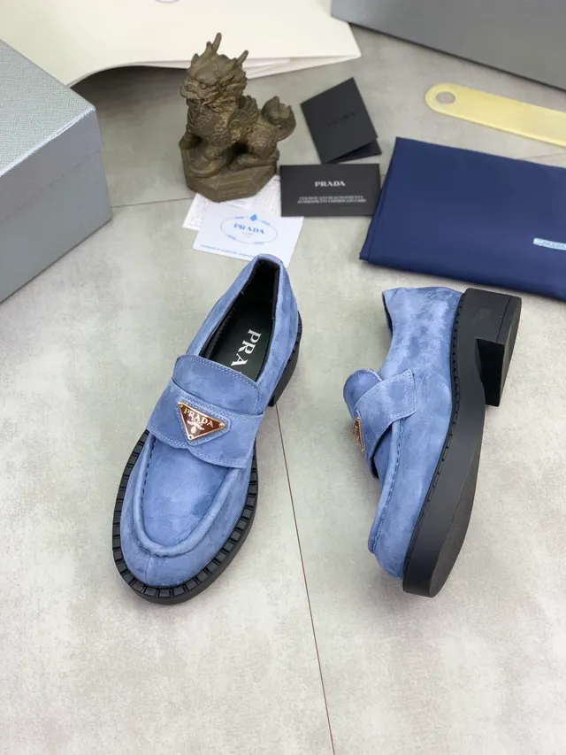 Prada Loafer Blue Black Suede Upper Metal Triangle Logo Plaque Loafer