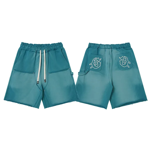 Purple Blue Elastic Waist Patch Pockets Shorts
