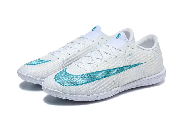 Nike White Blue Knit Upper Flat Rubber Outsole Indoor Soccer Shoes