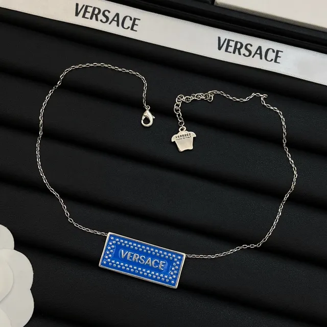Versace Plaque Necklace Blue Pink Rectangular Enamel Studded Border Necklace