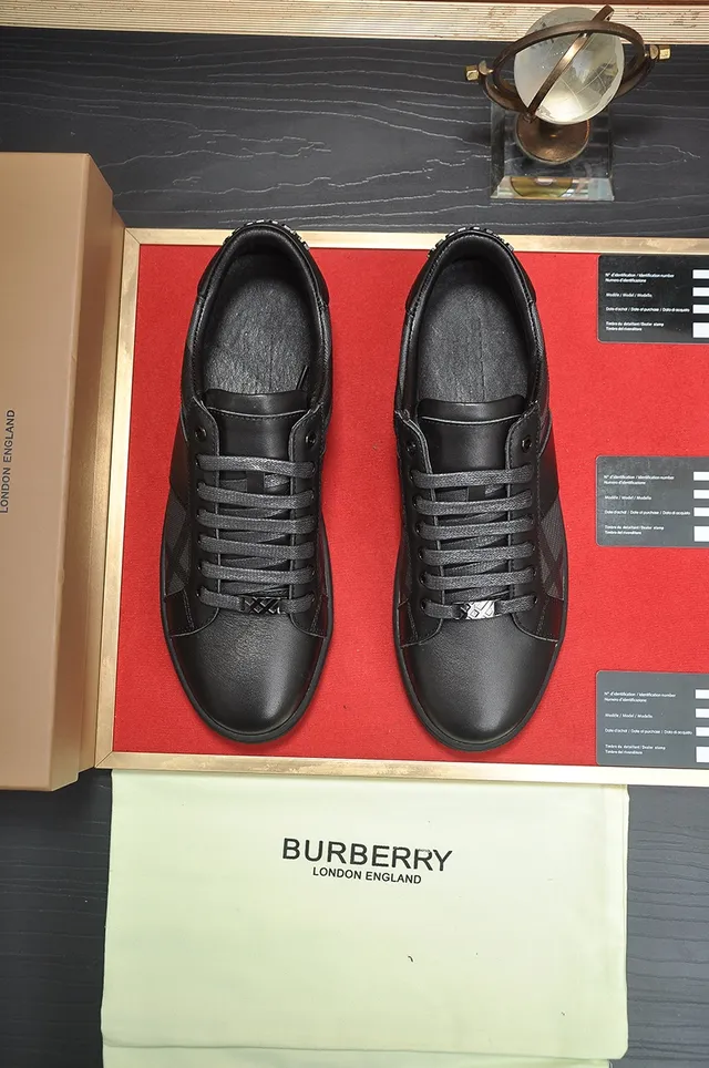 Burberry Black Gray Leather-and-Check-Panel Construction Low-Top Lace-Up Lifestyle Sneakers