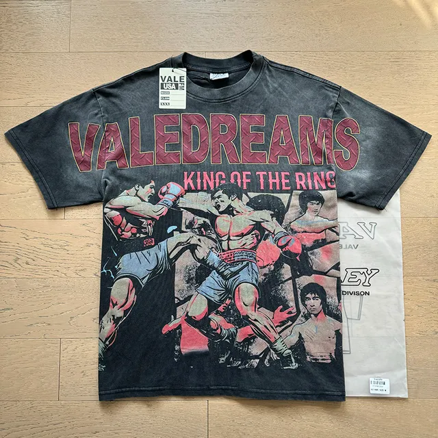 Vale Forever Acid-Wash Graphic Print Boxing Theme T-Shirt