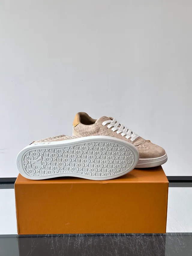 Louis Vuitton LV Trainer Beige White Monogram-Embossed Suede Low-Top Lace-Up Lifestyle Sneakers