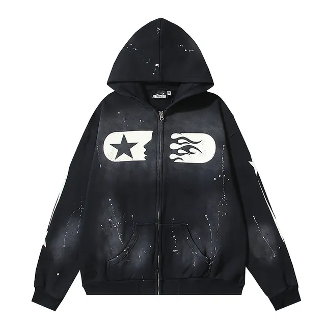 Hellstar Star Flame Graphic Zip-Up Black Hoodie