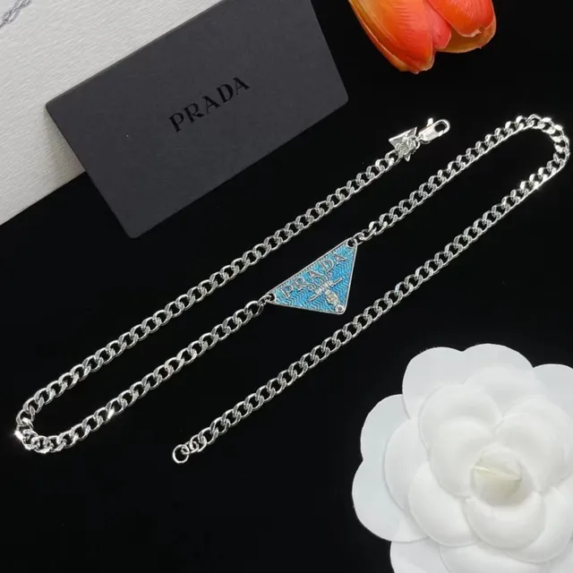 Prada Silver Blue Curb Chain Triangular Enamel Pendant Necklace