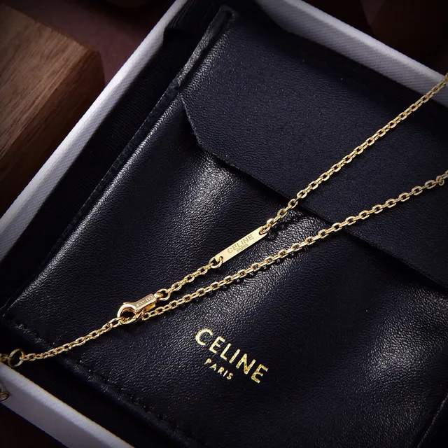 Celine Triomphe Gold-Tone and Pink Stone Necklace
