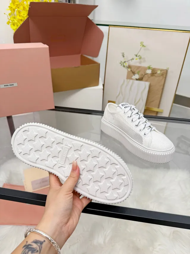 Miu Miu Platform Sneakers White Mesh Upper Ridged Sole Lifestyle Sneakers