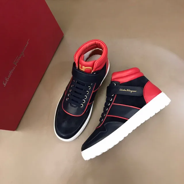 Salvatore Ferragamo High-Top Navy and Red Contrast Piping Sneakers