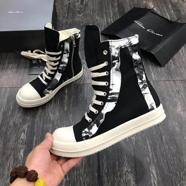 Rick Owens DRKSHDW Black White High-Top Platform Asymmetrical Paneling Ankle Boots