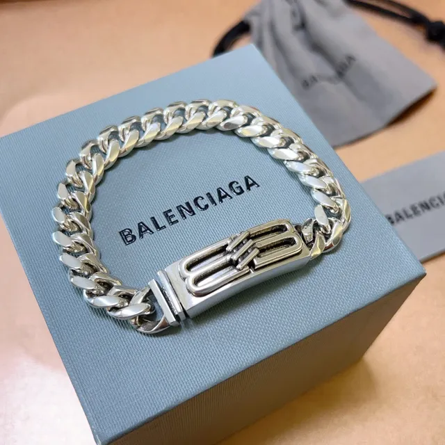 Balenciaga Silver Blue Chunky Curb-Link Chain Rectangular B-Buckle Clasp Bracelet