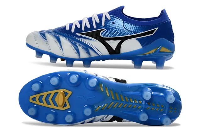 Mizuno Blue White Low-Cut Knit Upper Wave-Patterned Synthetic Overlays Firm-Ground Soccer Shoes