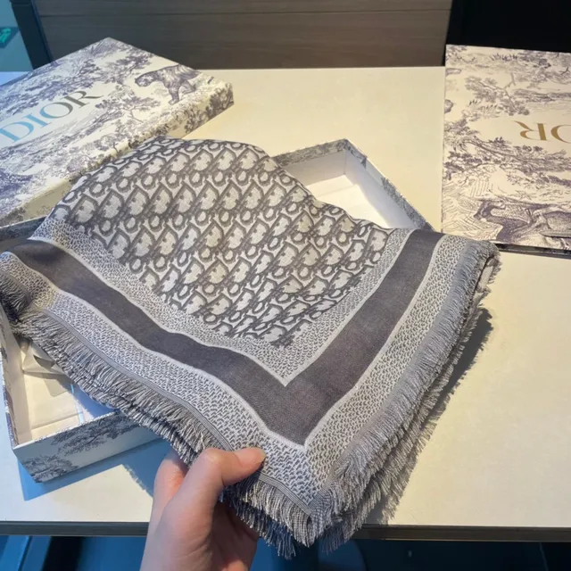 Dior Oblique Monogram Beige and Gray Silk Scarf