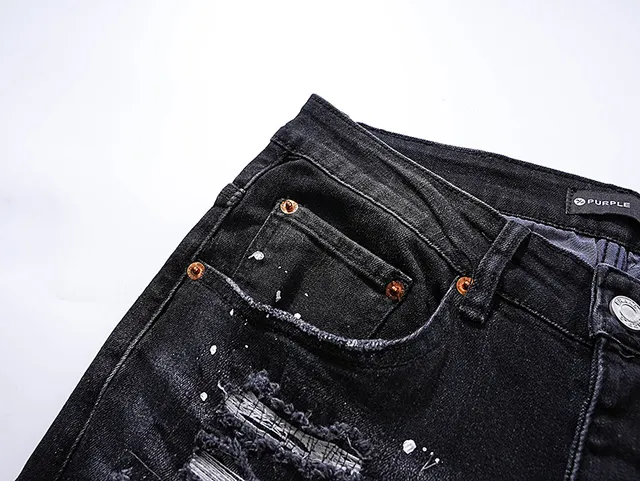Purple Brand Distressed Paint-Splattered Black Slim-Fit Jeans