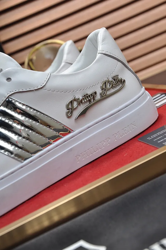 Philipp Plein White Silver Leather Upper Metallic Snakeskin Stripes Sneakers