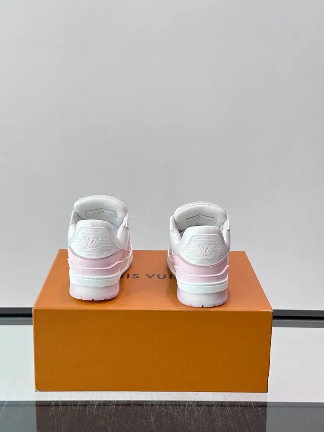 Louis Vuitton LV Trainer Pink White Layered Monogram Leather Asymmetrical Branded Strap Lifestyle Sneakers