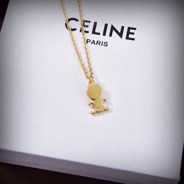 Celine Triomphe Gold-Tone and Pink Stone Necklace