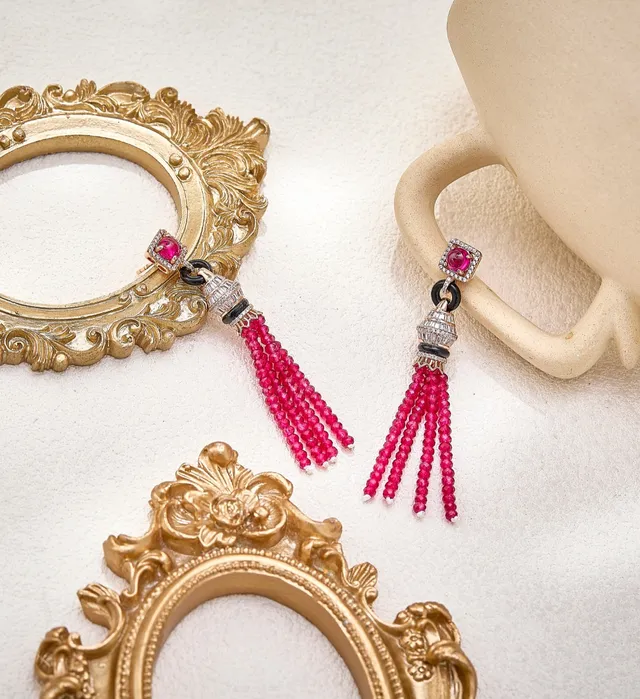 Pink Gold Tassel Faceted Bead Strands Earrings