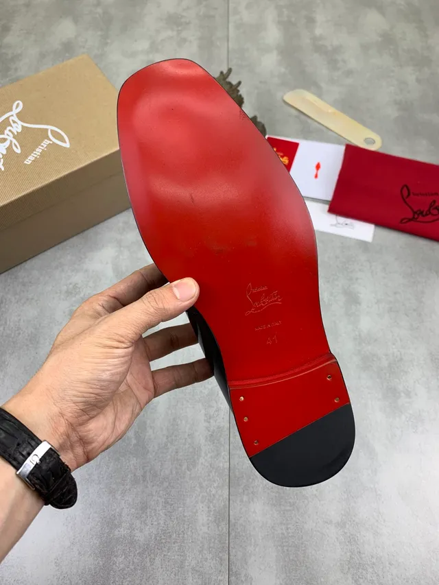 Christian Louboutin Loafer Black Red Patent Leather Metallic Logo Buckle Loafer