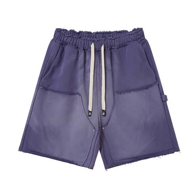 Purple Blue Elastic Waist Patch Pockets Shorts