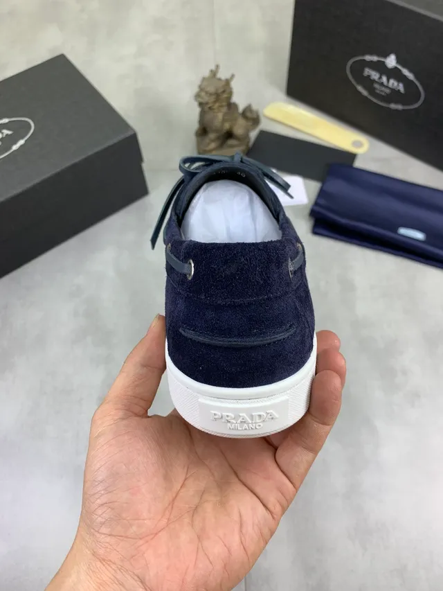 Prada Navy White Suede Moc-Toe Construction Boat Shoes