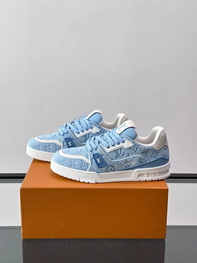 Louis Vuitton LV Trainer Blue White Monogrammed Canvas Asymmetrical Strap Detail Lifestyle Sneakers