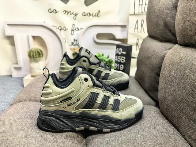Adidas Black Army Green Sole Layered Suede And Mesh Upper Chunky Sneakers
