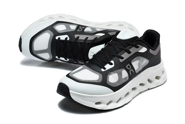 On Black White Engineered Mesh Upper Open Hexagonal CloudTec Pods Running Shoes