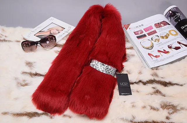 UGG Red Silver Faux Fur Sequined Band Scarve